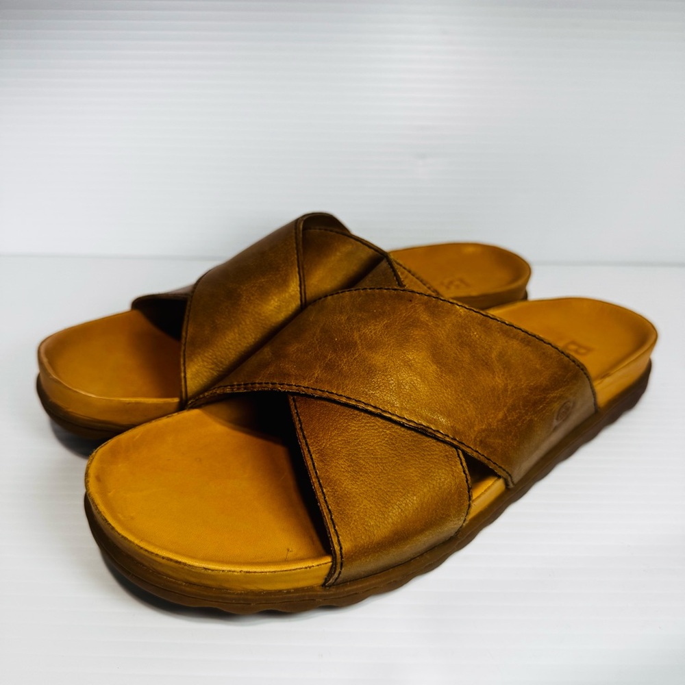 Born Brown Leather Cross-Band Slide Sandals - Picture 2 of 15